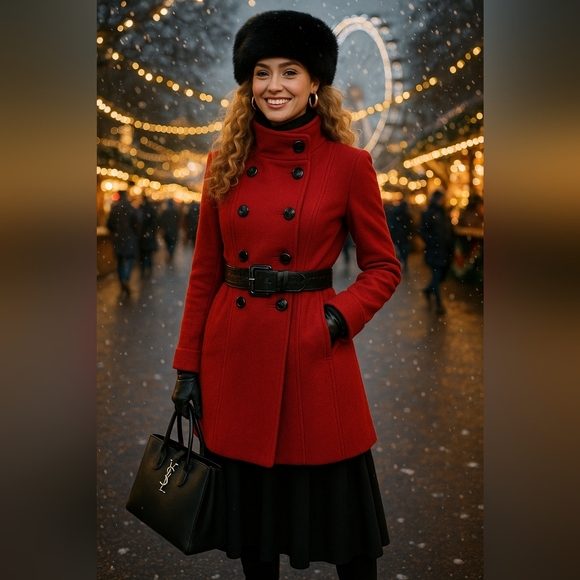 Preppy Retro Hipster Red Wool Small  Baddie Holiday Midi Pea Coat - Picture 2 of 11